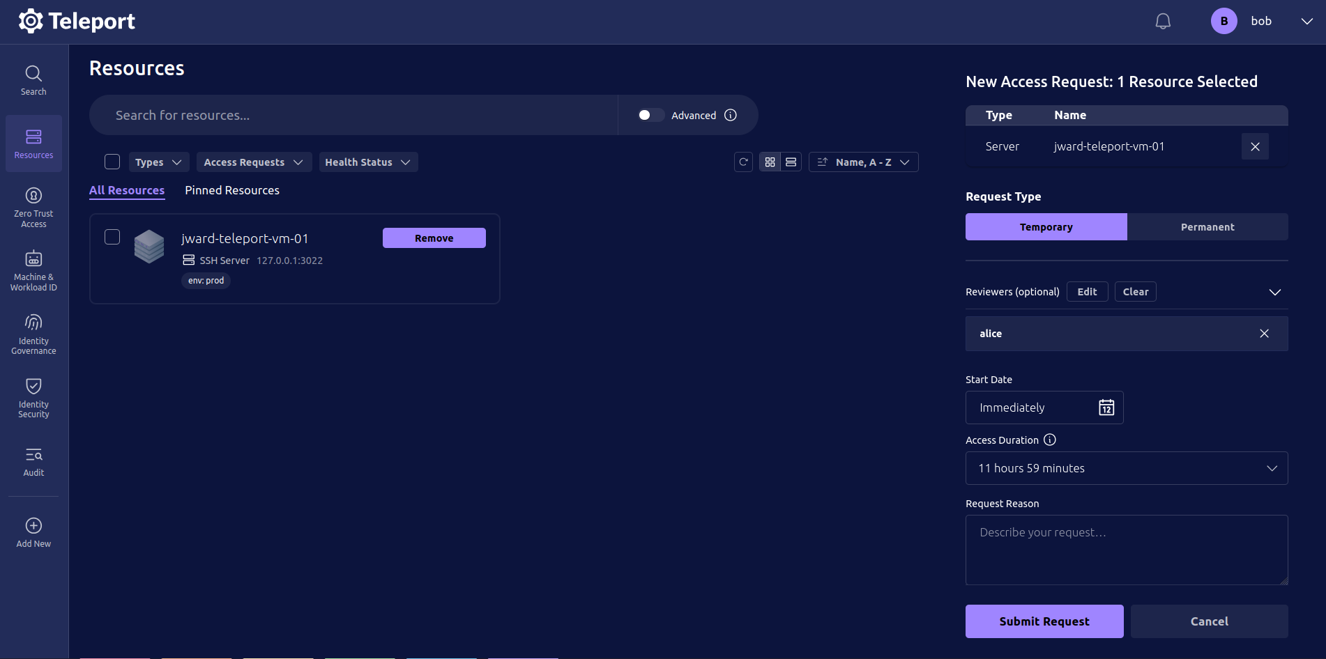 bob submit resource request
