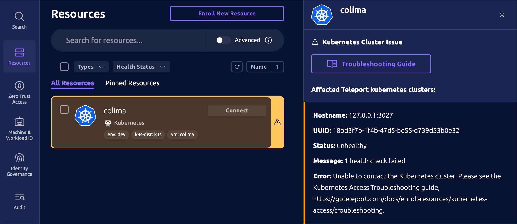 Kubernetes health warning in the UI