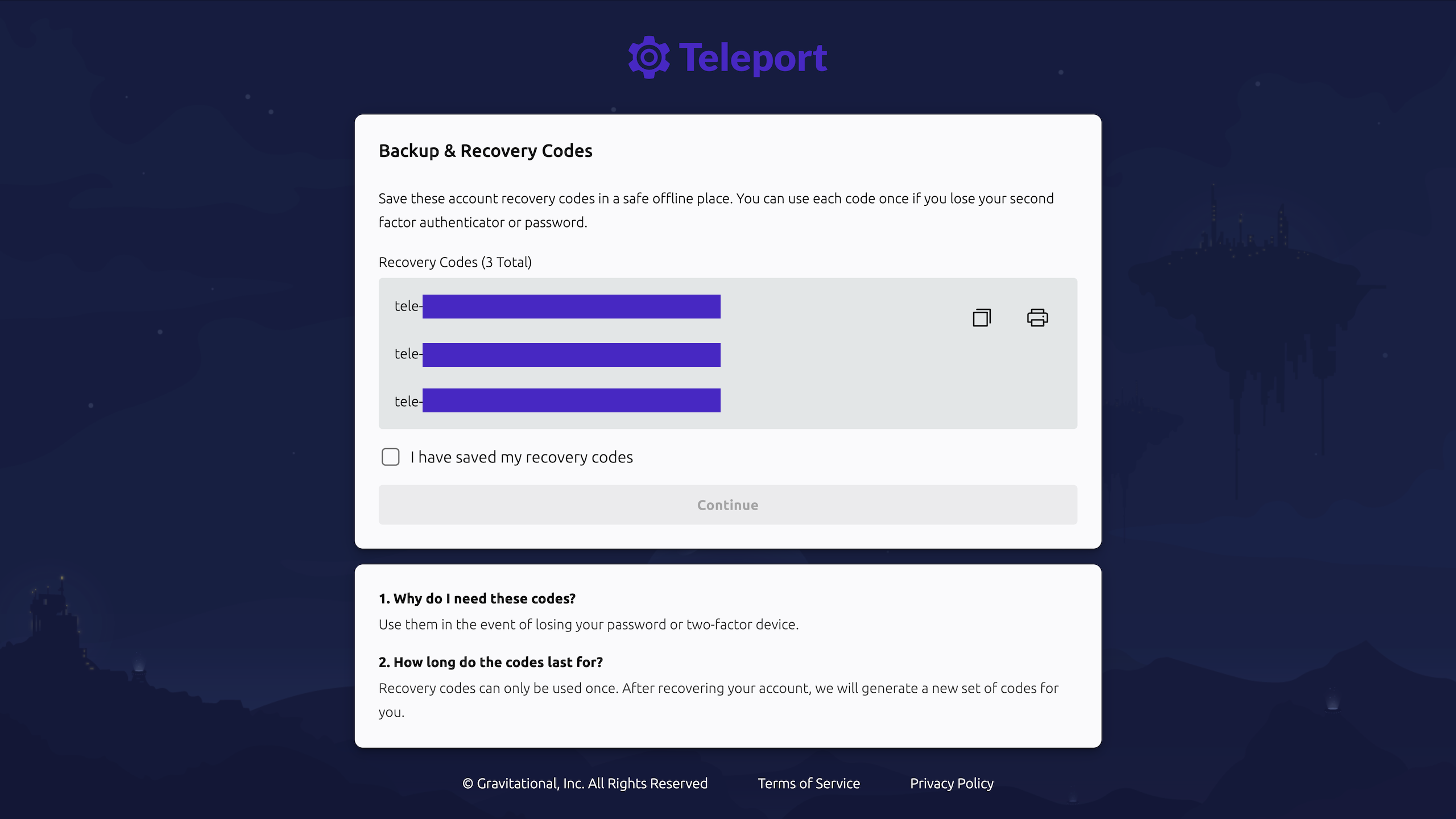 A screenshot showing the Teleport recovery code view